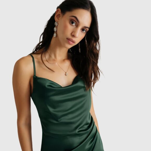 The Latest Scoop Emma Satin Cowl Neck Midi Dress - Emerald Green - US M - Picture 2 of 9